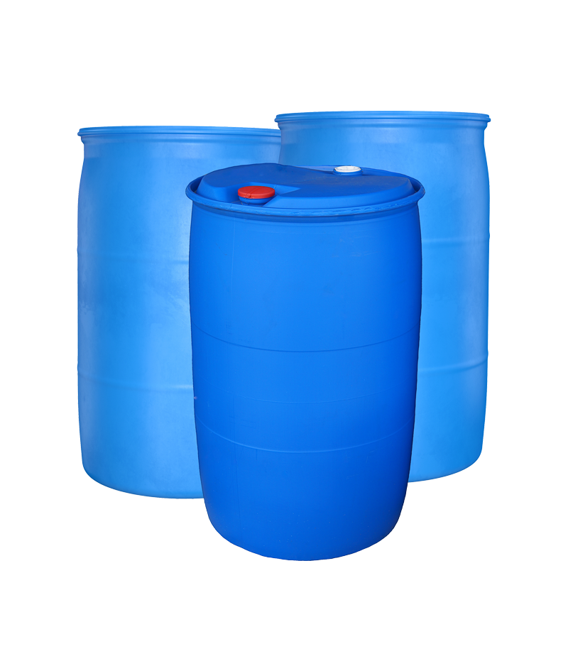 Three blue poly drums designed for reliable storage and transportation solutions for liquids and bulk materials across a variety of industries.
